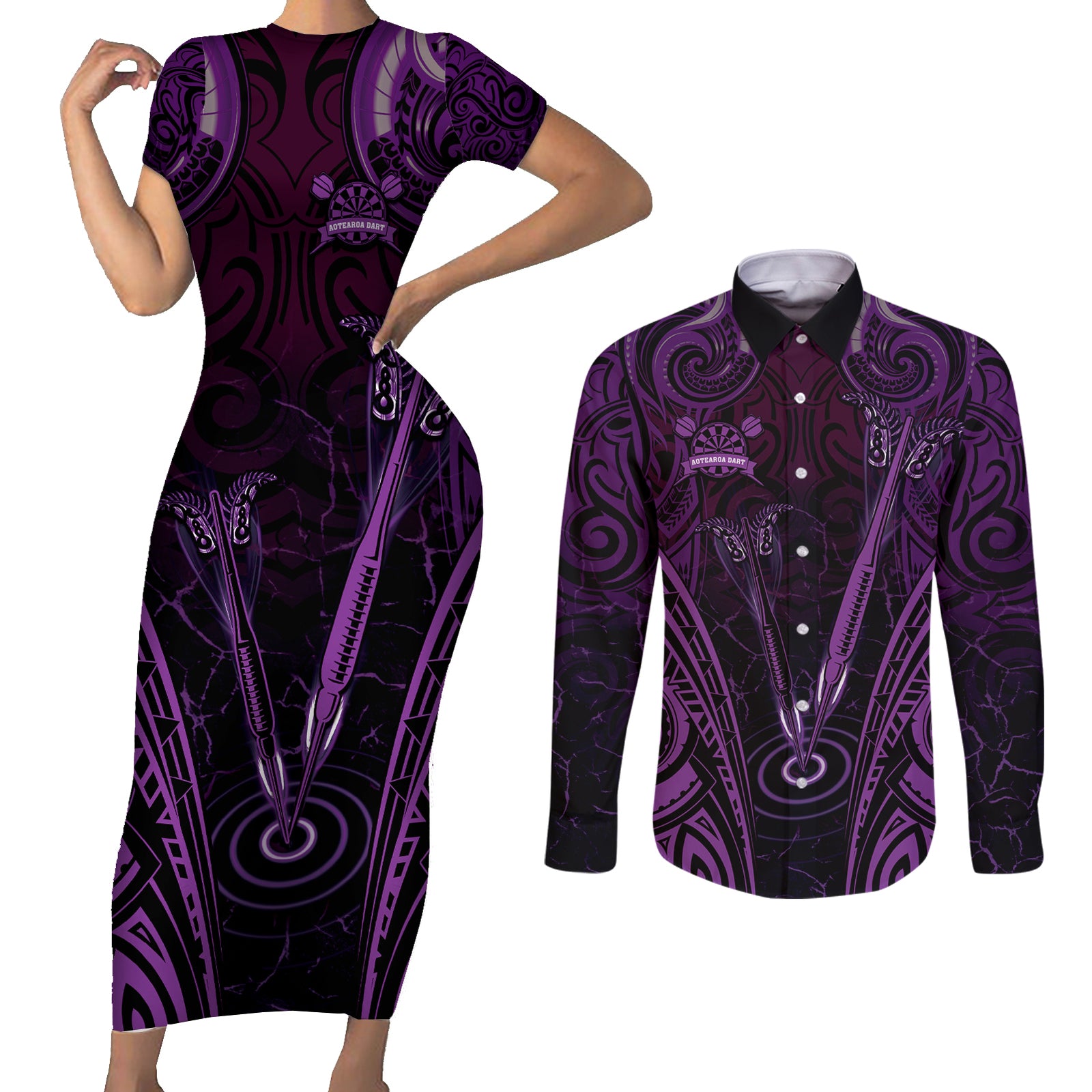Personalised New Zealand Darts Couples Matching Short Sleeve Bodycon Dress and Long Sleeve Button Shirt Purple Dart Board Maori Pattern