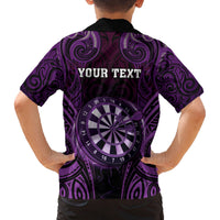 Personalised New Zealand Darts Family Matching Off The Shoulder Long Sleeve Dress and Hawaiian Shirt Purple Dart Board Maori Pattern
