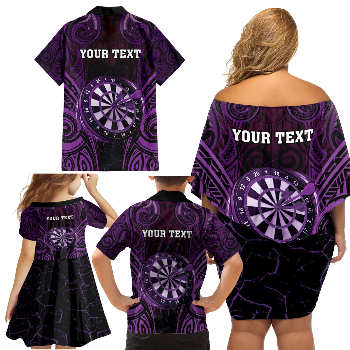 Personalised New Zealand Darts Family Matching Off Shoulder Short Dress and Hawaiian Shirt Purple Dart Board Maori Pattern