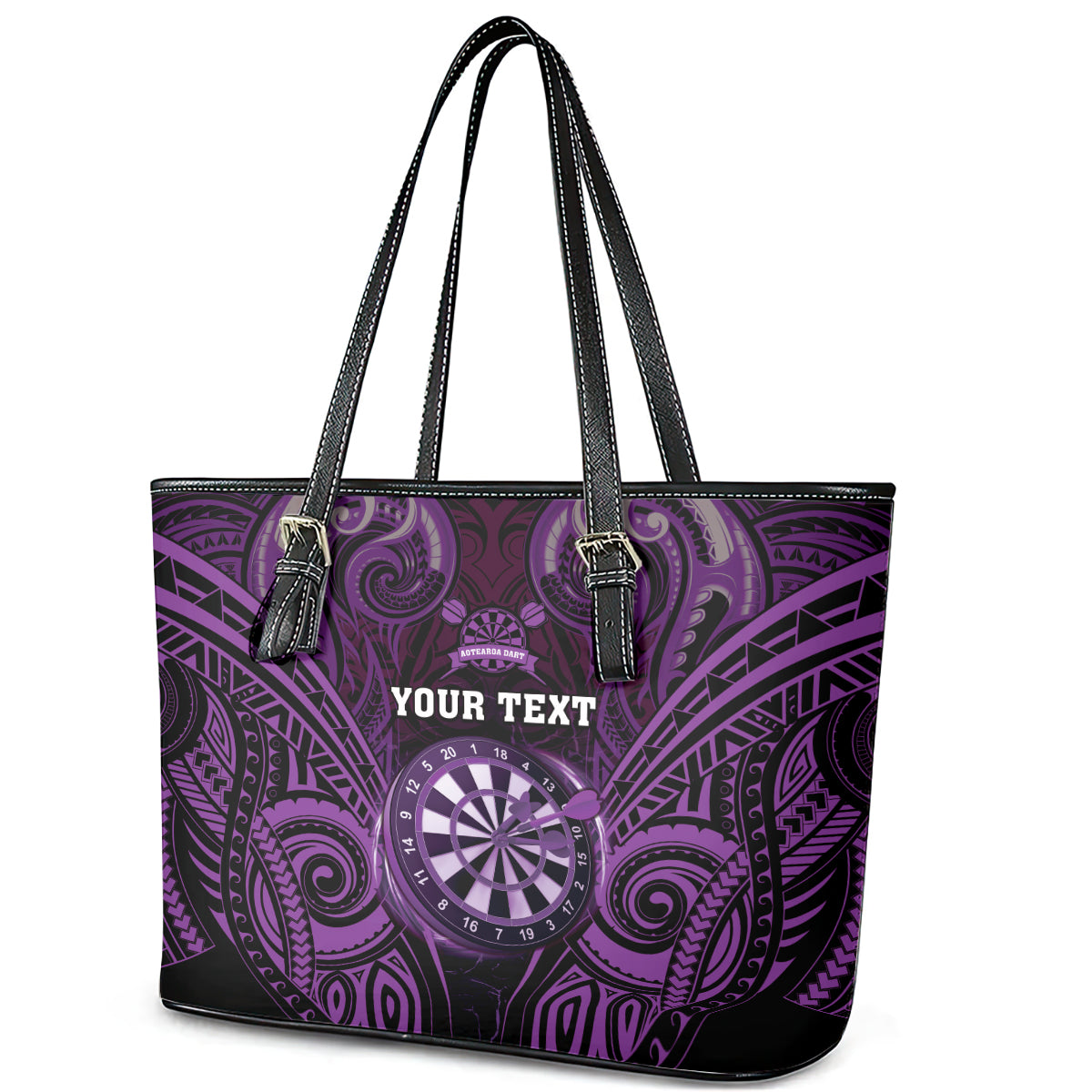 Personalised New Zealand Darts Leather Tote Bag Purple Dart Board Maori Pattern