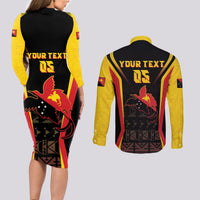 Custom Papua New Guinea Cricket Couples Matching Long Sleeve Bodycon Dress and Long Sleeve Button Shirt 2024 World Cup