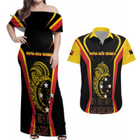 Custom Papua New Guinea Cricket Couples Matching Off Shoulder Maxi Dress and Hawaiian Shirt 2024 World Cup