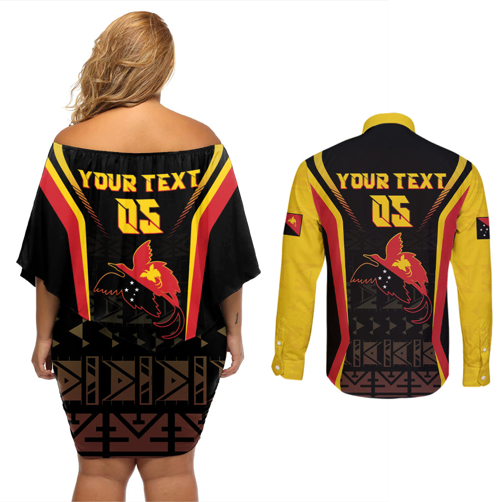 Custom Papua New Guinea Cricket Couples Matching Off Shoulder Short Dress and Long Sleeve Button Shirt 2024 World Cup