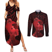 Aotearoa Mana Wahine Couples Matching Summer Maxi Dress and Long Sleeve Button Shirt The Spiritual Power Of Women LT05 Red - Polynesian Pride