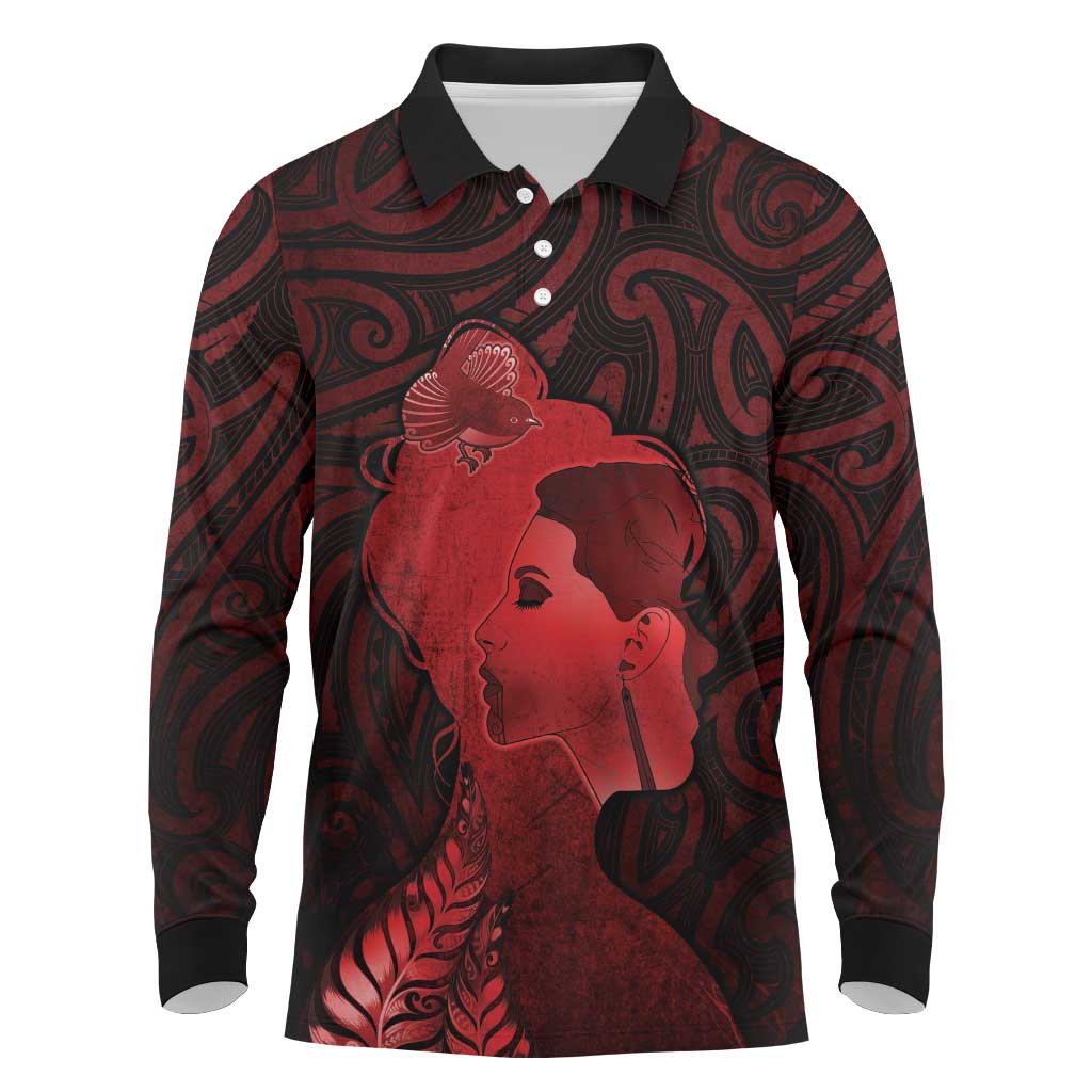 Aotearoa Mana Wahine Long Sleeve Polo Shirt The Spiritual Power Of Women LT05 Red - Polynesian Pride