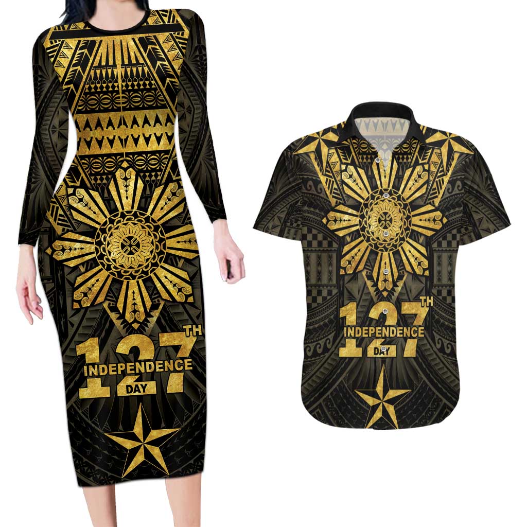 Personalised Philippines Independence Day Couples Matching Long Sleeve Bodycon Dress and Hawaiian Shirt Filipinos Sun Star Tribal