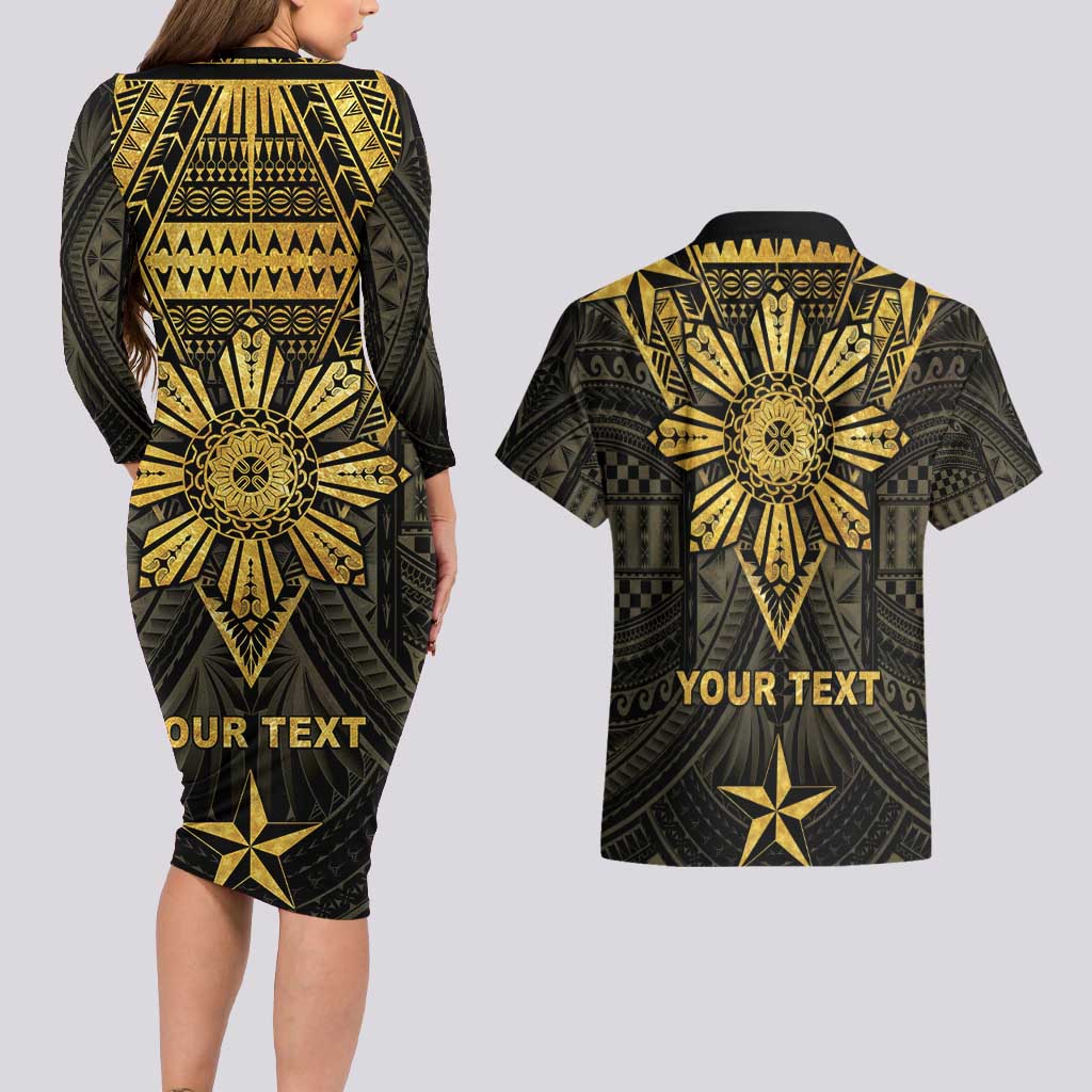 Personalised Philippines Independence Day Couples Matching Long Sleeve Bodycon Dress and Hawaiian Shirt Filipinos Sun Star Tribal
