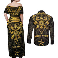 Personalised Philippines Independence Day Couples Matching Off Shoulder Maxi Dress and Long Sleeve Button Shirt Filipinos Sun Star Tribal
