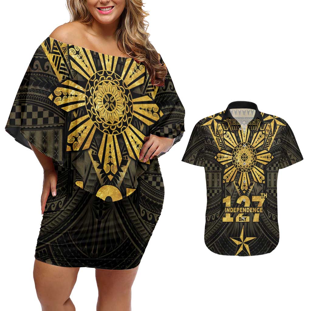 Personalised Philippines Independence Day Couples Matching Off Shoulder Short Dress and Hawaiian Shirt Filipinos Sun Star Tribal