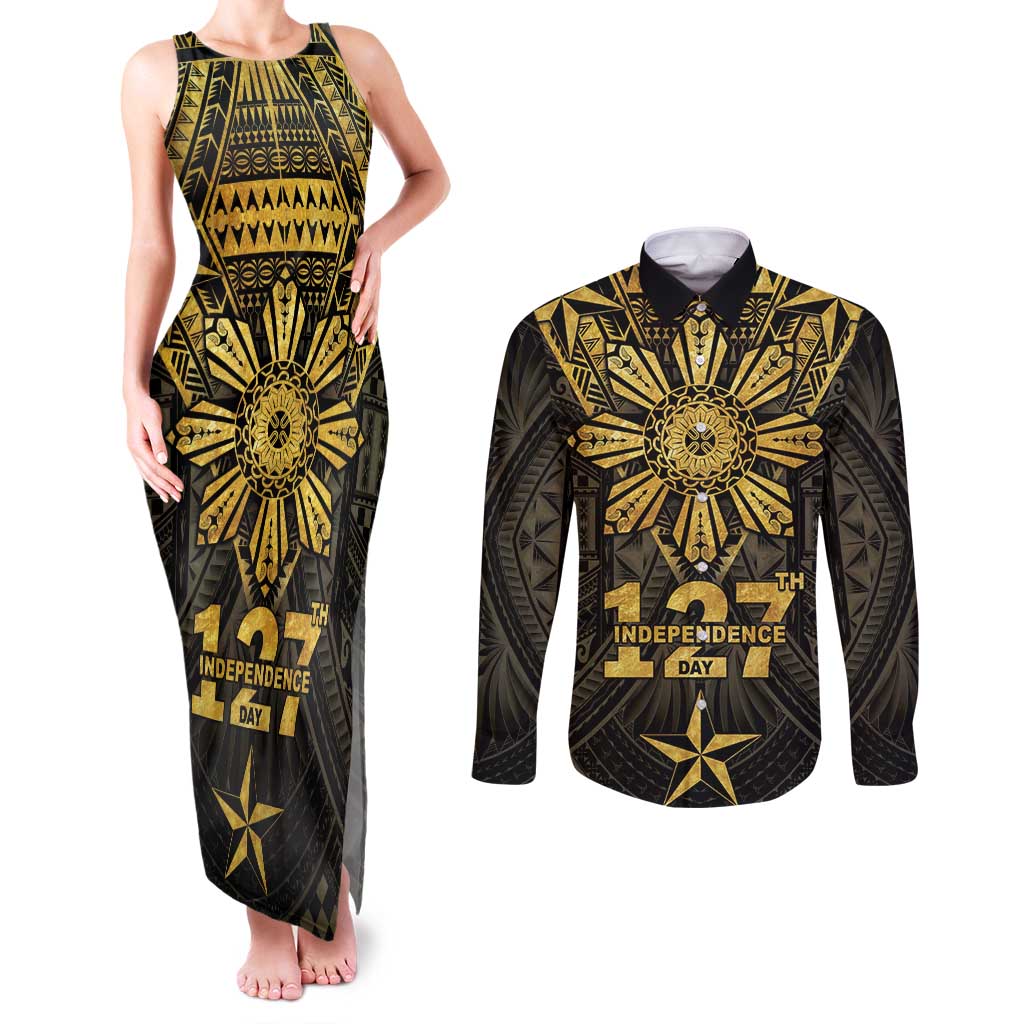 Personalised Philippines Independence Day Couples Matching Tank Maxi Dress and Long Sleeve Button Shirt Filipinos Sun Star Tribal