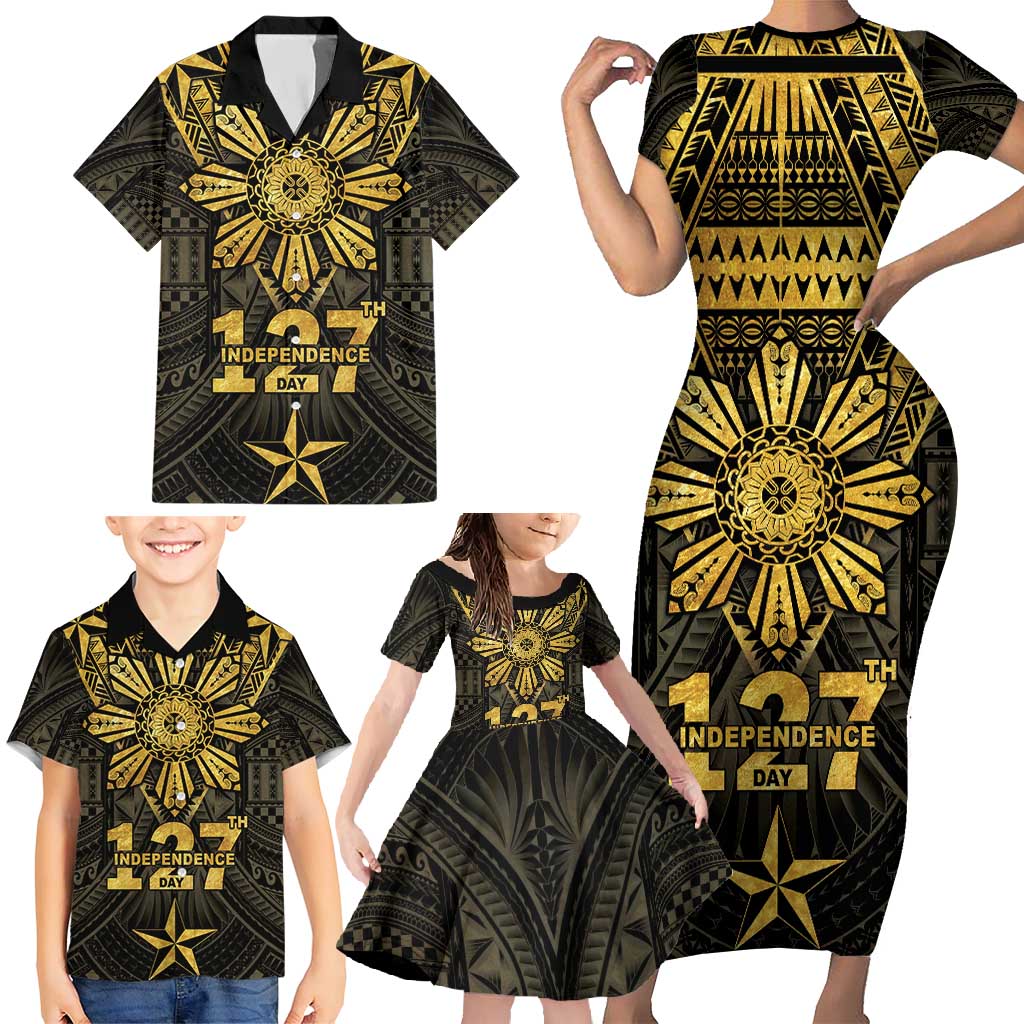 Personalised Philippines Independence Day Family Matching Short Sleeve Bodycon Dress and Hawaiian Shirt Filipinos Sun Star Tribal