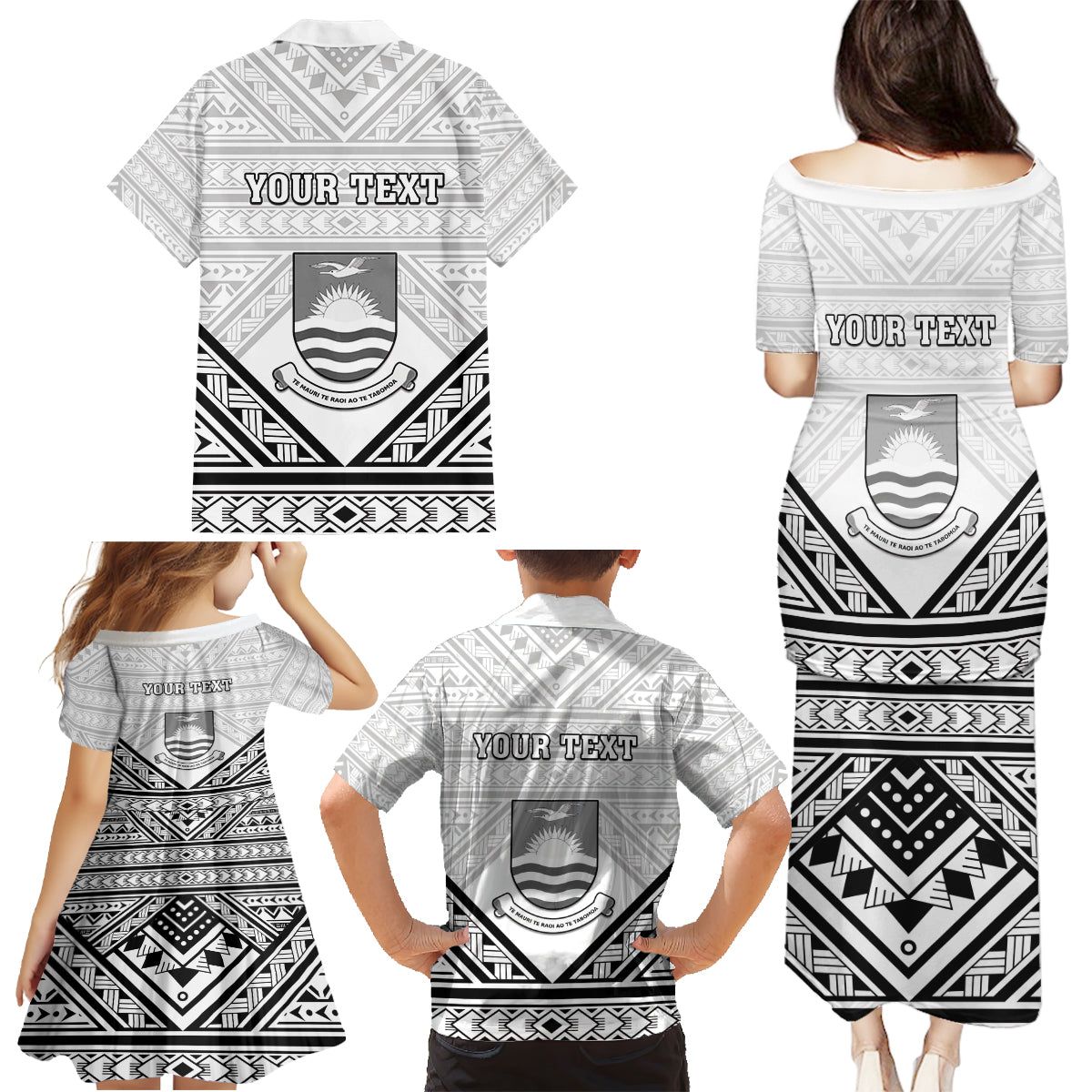 Personalised Kiribati Gospel Day Family Matching Puletasi and Hawaiian Shirt Coat Of Arms Polynesian Pattern