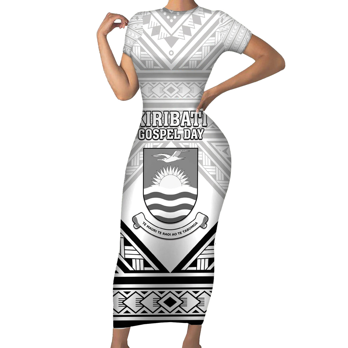 Personalised Kiribati Gospel Day Family Matching Short Sleeve Bodycon Dress and Hawaiian Shirt Coat Of Arms Polynesian Pattern