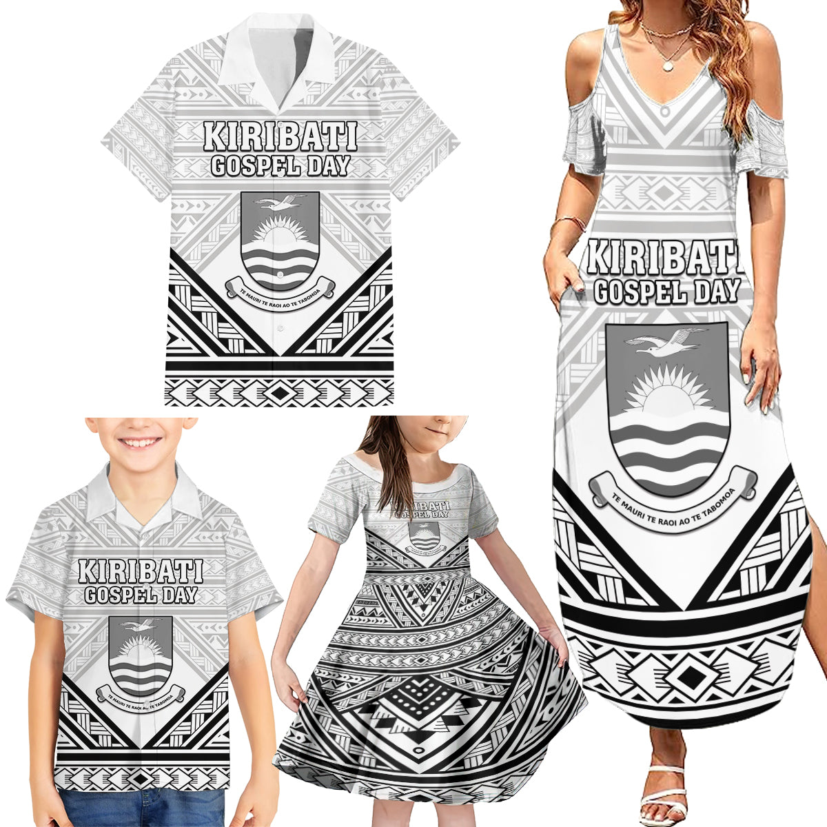 Personalised Kiribati Gospel Day Family Matching Summer Maxi Dress and Hawaiian Shirt Coat Of Arms Polynesian Pattern