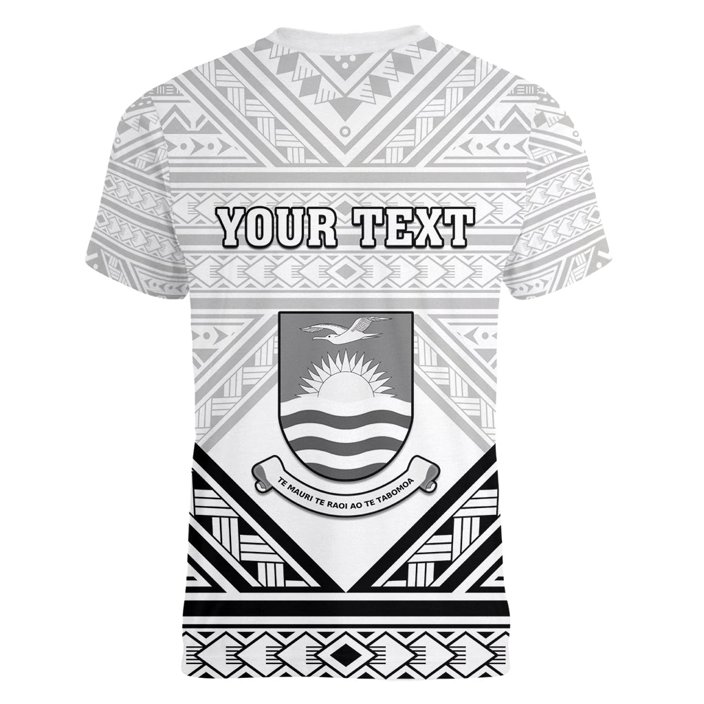 Personalised Kiribati Gospel Day Women V-Neck T-Shirt Coat Of Arms Polynesian Pattern