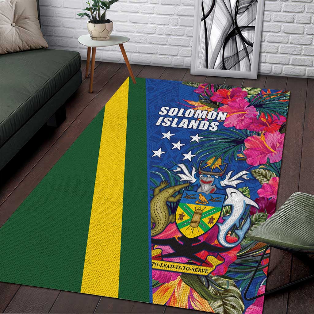 Solomon Islands Independence Day Area Rug Coat Of Arms With Tropical Flowers
