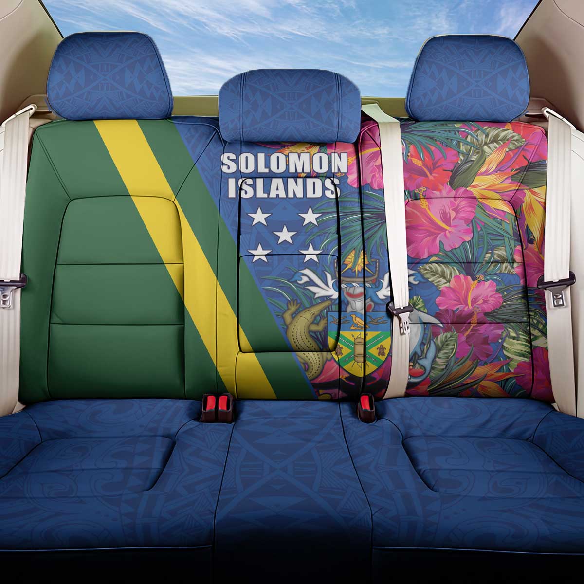 Solomon Islands Independence Day Back Car Seat Cover Coat Of Arms With Tropical Flowers