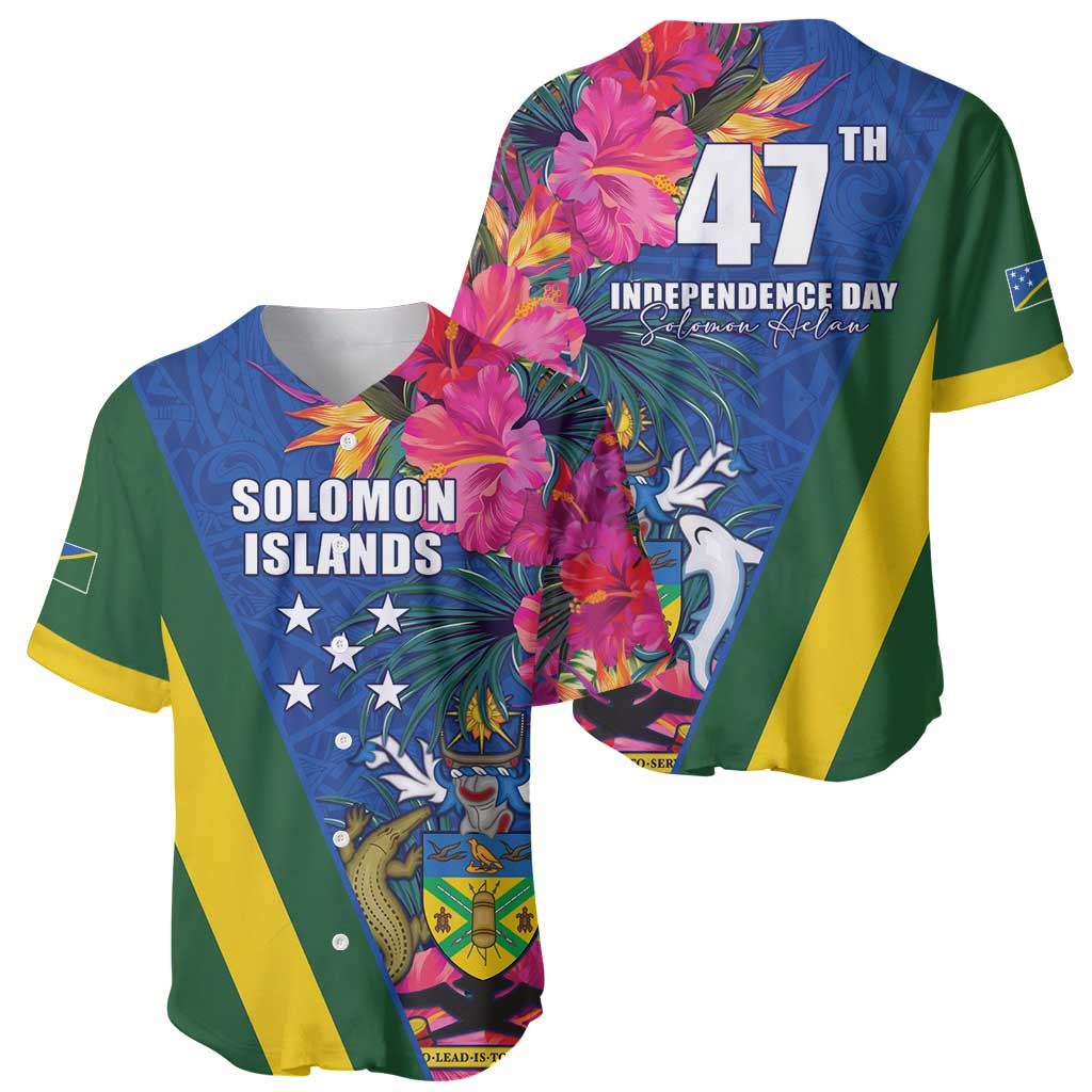 Solomon Islands Independence Day Baseball Jersey Coat Of Arms With Tropical Flowers