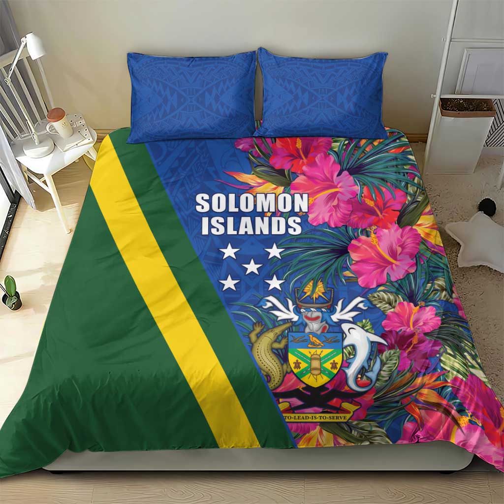 Solomon Islands Independence Day Bedding Set Coat Of Arms With Tropical Flowers