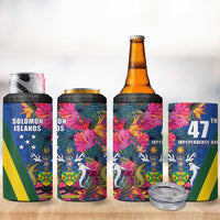 Solomon Islands Independence Day 4 in 1 Can Cooler Tumbler Coat Of Arms With Tropical Flowers