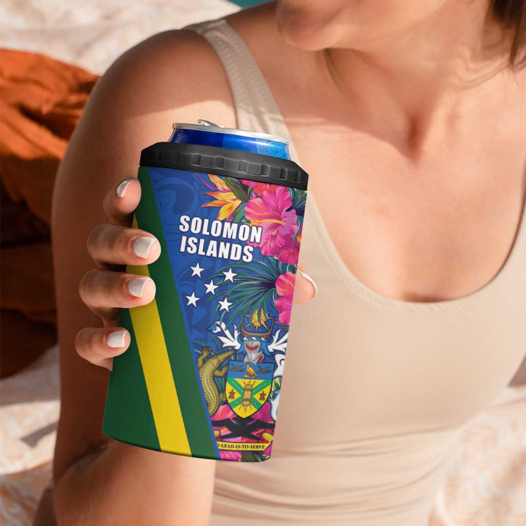 Solomon Islands Independence Day 4 in 1 Can Cooler Tumbler Coat Of Arms With Tropical Flowers