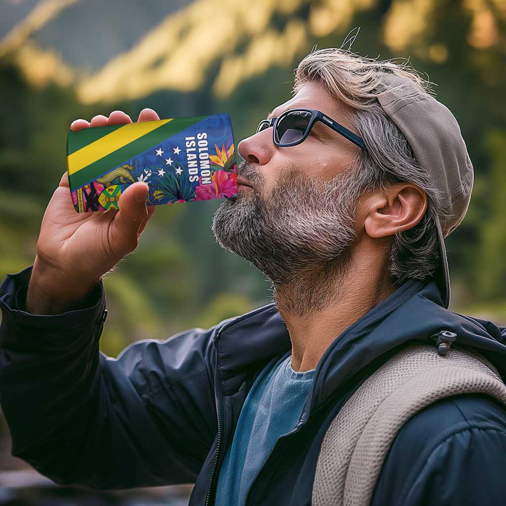 Solomon Islands Independence Day 4 in 1 Can Cooler Tumbler Coat Of Arms With Tropical Flowers