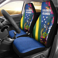 Solomon Islands Independence Day Car Seat Cover Coat Of Arms With Tropical Flowers