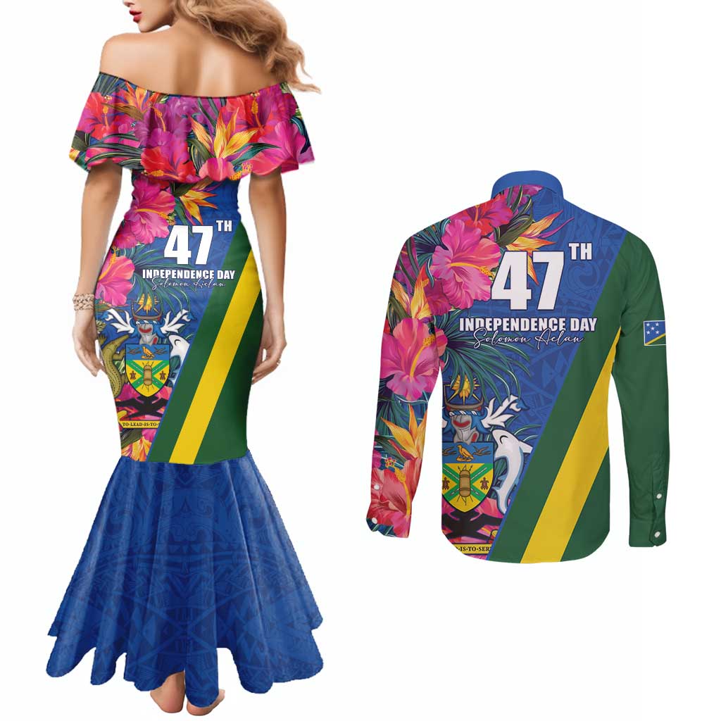 Solomon Islands Independence Day Couples Matching Mermaid Dress and Long Sleeve Button Shirt Coat Of Arms With Tropical Flowers