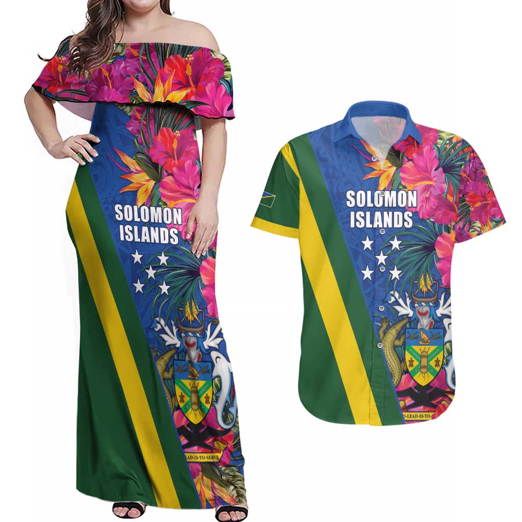 Solomon Islands Independence Day Couples Matching Off Shoulder Maxi Dress and Hawaiian Shirt Coat Of Arms With Tropical Flowers