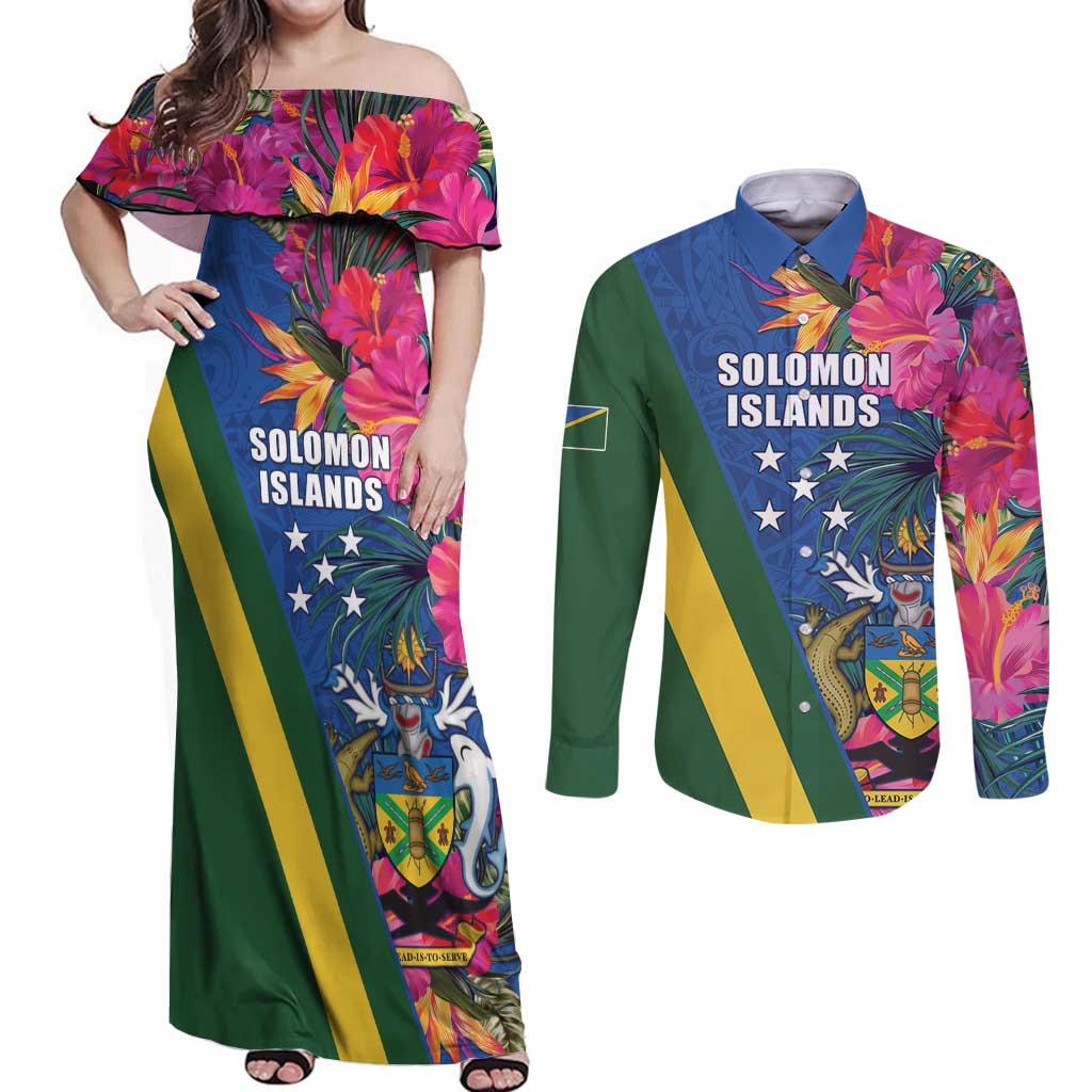 Solomon Islands Independence Day Couples Matching Off Shoulder Maxi Dress and Long Sleeve Button Shirt Coat Of Arms With Tropical Flowers