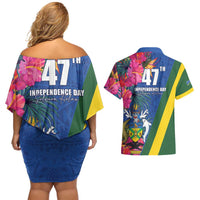 Solomon Islands Independence Day Couples Matching Off Shoulder Short Dress and Hawaiian Shirt Coat Of Arms With Tropical Flowers