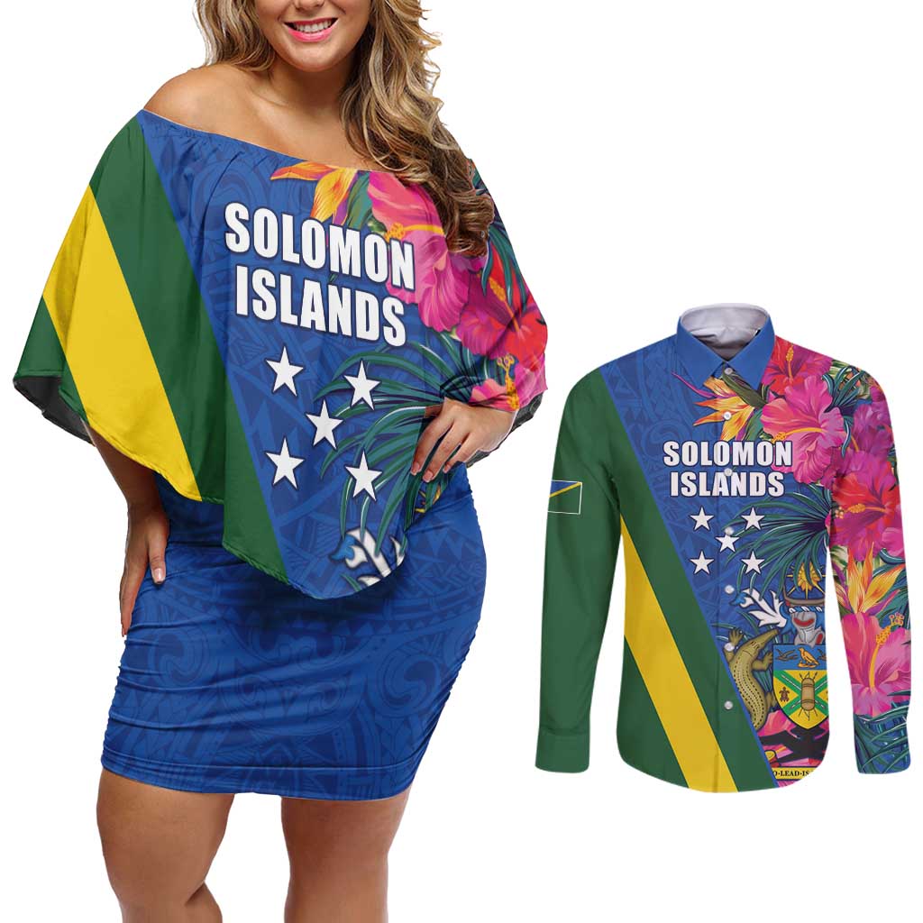 Solomon Islands Independence Day Couples Matching Off Shoulder Short Dress and Long Sleeve Button Shirt Coat Of Arms With Tropical Flowers
