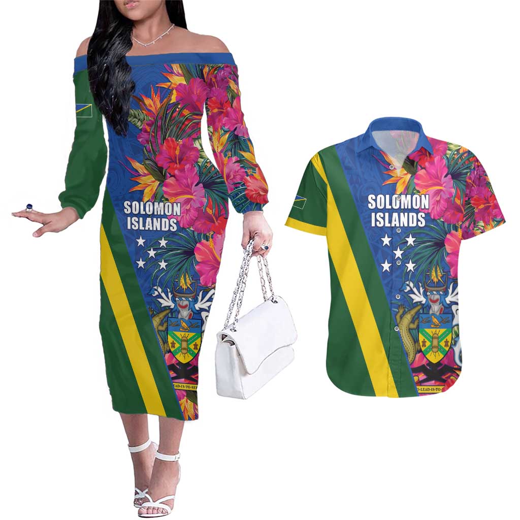 Solomon Islands Independence Day Couples Matching Off The Shoulder Long Sleeve Dress and Hawaiian Shirt Coat Of Arms With Tropical Flowers