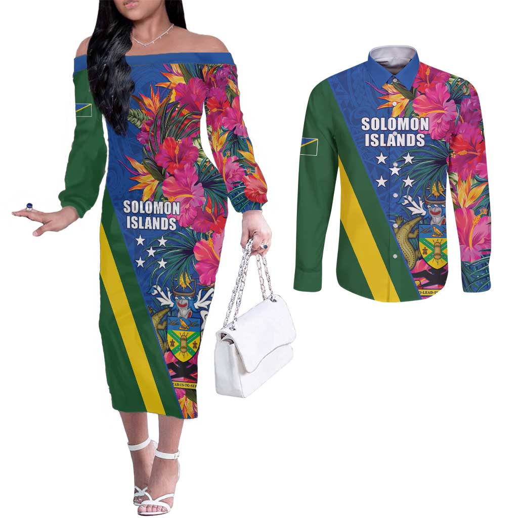 Solomon Islands Independence Day Couples Matching Off The Shoulder Long Sleeve Dress and Long Sleeve Button Shirt Coat Of Arms With Tropical Flowers