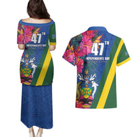 Solomon Islands Independence Day Couples Matching Puletasi and Hawaiian Shirt Coat Of Arms With Tropical Flowers