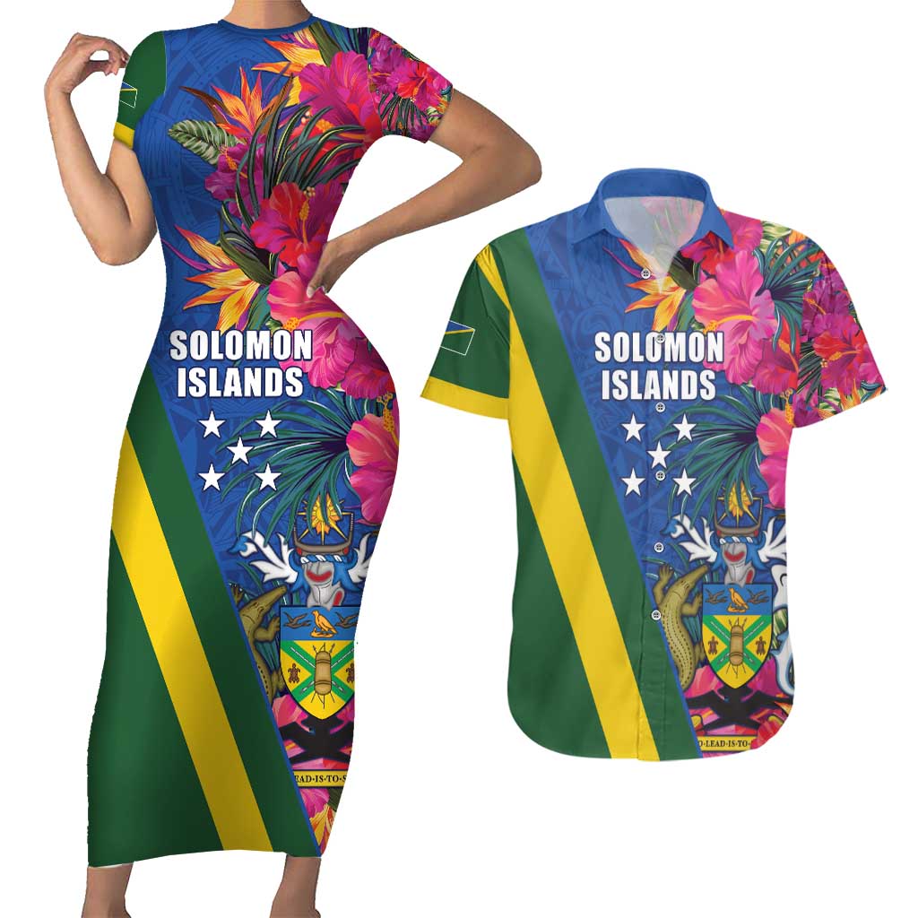 Solomon Islands Independence Day Couples Matching Short Sleeve Bodycon Dress and Hawaiian Shirt Coat Of Arms With Tropical Flowers
