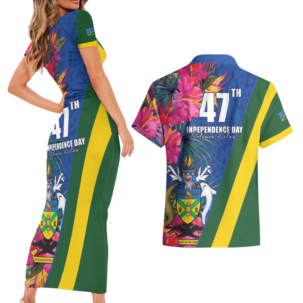 Solomon Islands Independence Day Couples Matching Short Sleeve Bodycon Dress and Hawaiian Shirt Coat Of Arms With Tropical Flowers