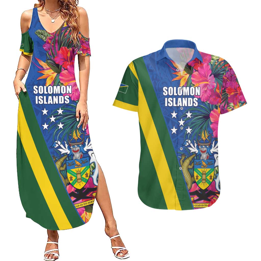 Solomon Islands Independence Day Couples Matching Summer Maxi Dress and Hawaiian Shirt Coat Of Arms With Tropical Flowers