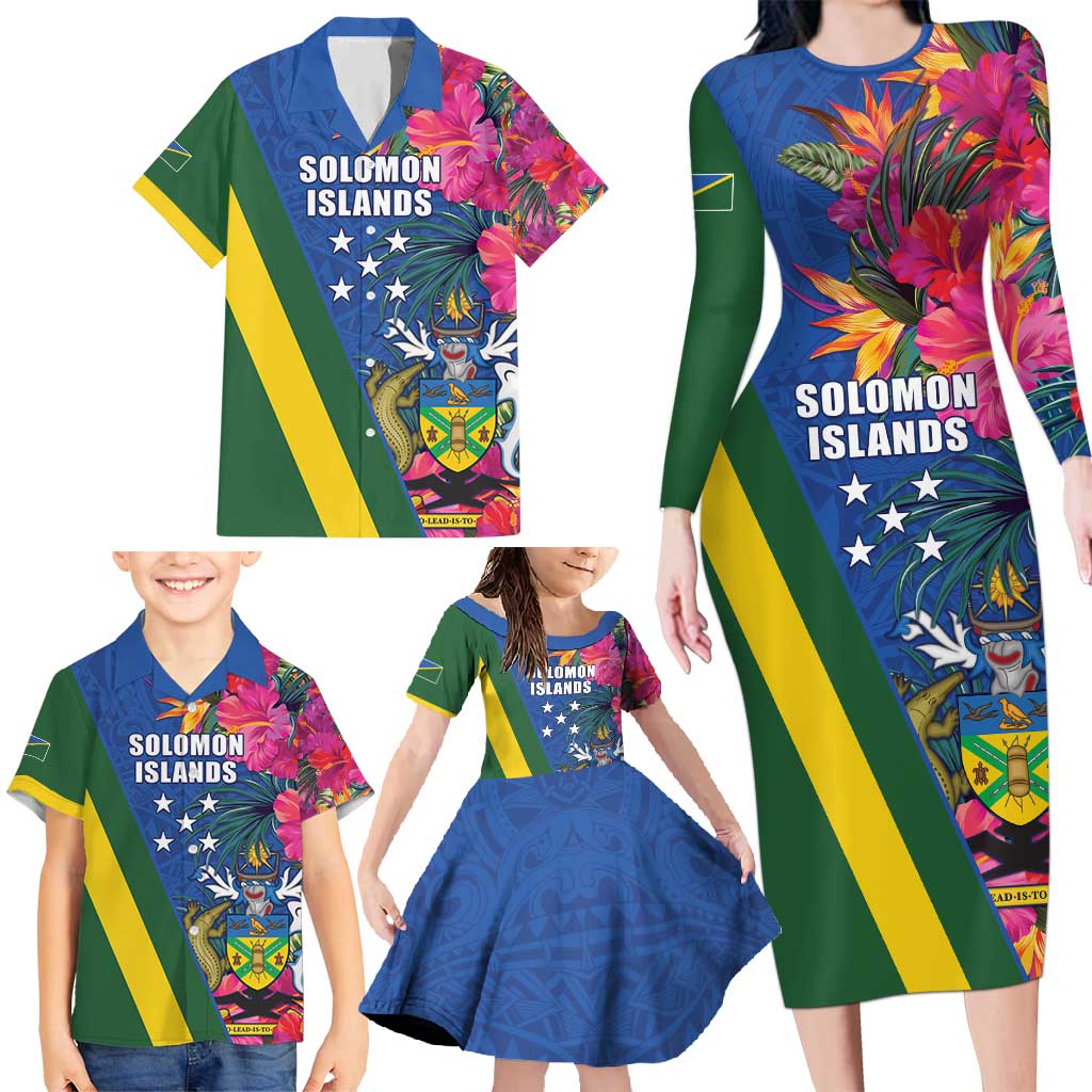 Solomon Islands Independence Day Family Matching Long Sleeve Bodycon Dress and Hawaiian Shirt Coat Of Arms With Tropical Flowers