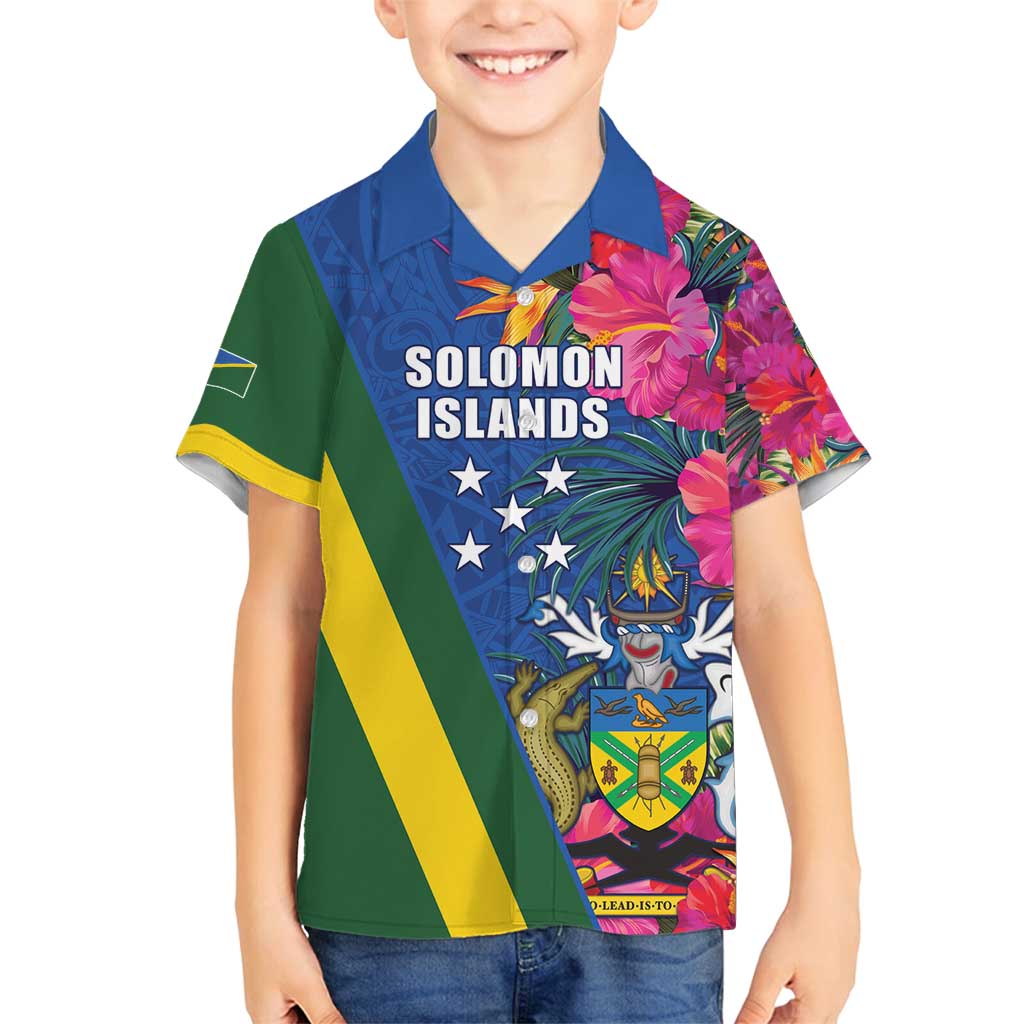 Solomon Islands Independence Day Family Matching Long Sleeve Bodycon Dress and Hawaiian Shirt Coat Of Arms With Tropical Flowers