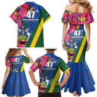 Solomon Islands Independence Day Family Matching Mermaid Dress and Hawaiian Shirt Coat Of Arms With Tropical Flowers