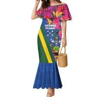 Solomon Islands Independence Day Family Matching Mermaid Dress and Hawaiian Shirt Coat Of Arms With Tropical Flowers