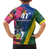 Solomon Islands Independence Day Family Matching Off The Shoulder Long Sleeve Dress and Hawaiian Shirt Coat Of Arms With Tropical Flowers