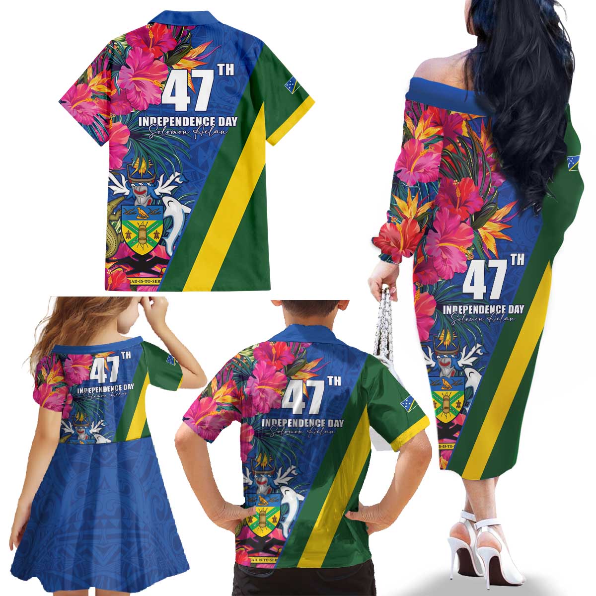 Solomon Islands Independence Day Family Matching Off The Shoulder Long Sleeve Dress and Hawaiian Shirt Coat Of Arms With Tropical Flowers