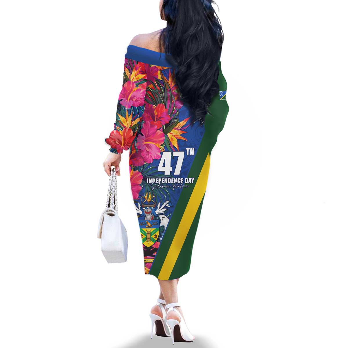 Solomon Islands Independence Day Family Matching Off The Shoulder Long Sleeve Dress and Hawaiian Shirt Coat Of Arms With Tropical Flowers