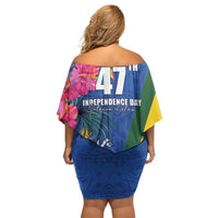 Solomon Islands Independence Day Family Matching Off Shoulder Short Dress and Hawaiian Shirt Coat Of Arms With Tropical Flowers
