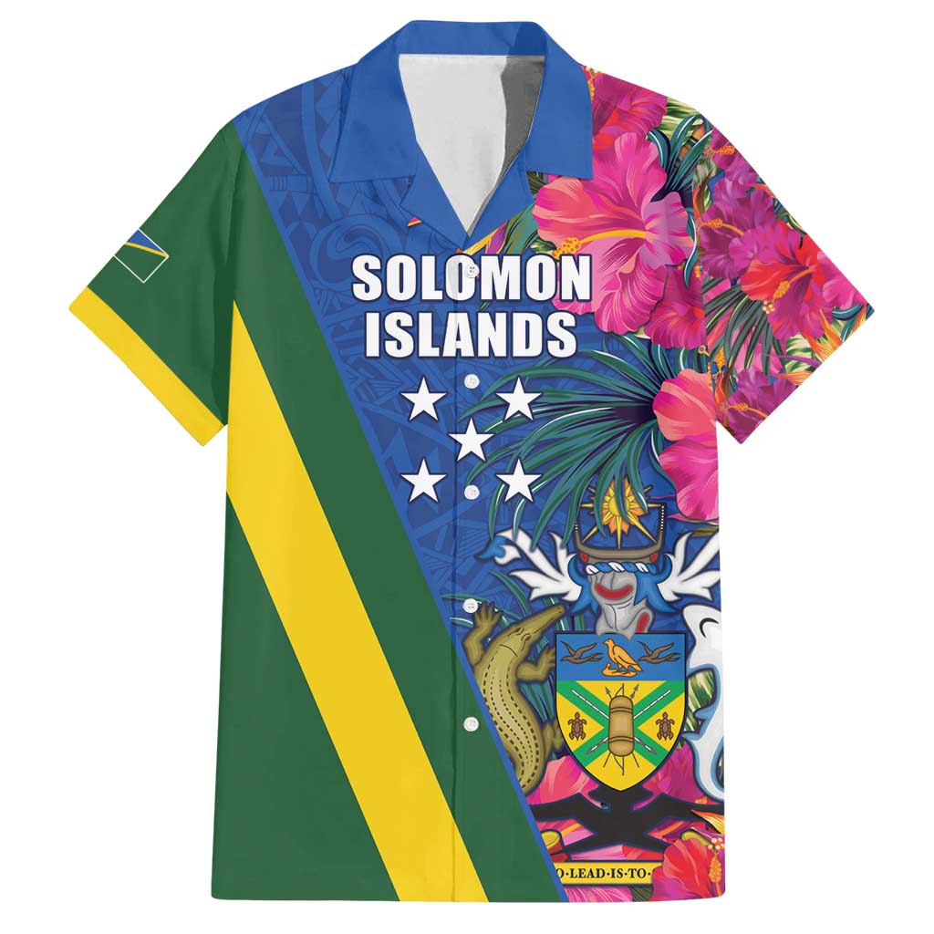 Solomon Islands Independence Day Family Matching Puletasi and Hawaiian Shirt Coat Of Arms With Tropical Flowers