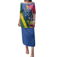 Solomon Islands Independence Day Family Matching Puletasi and Hawaiian Shirt Coat Of Arms With Tropical Flowers