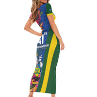 Solomon Islands Independence Day Family Matching Short Sleeve Bodycon Dress and Hawaiian Shirt Coat Of Arms With Tropical Flowers