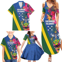 Solomon Islands Independence Day Family Matching Summer Maxi Dress and Hawaiian Shirt Coat Of Arms With Tropical Flowers